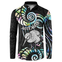New Zealand Kiwi Bird Button Sweatshirt Silver Fern Koru Paua Shell DT04 Black - Polynesian Pride
