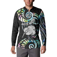 New Zealand Kiwi Bird Button Sweatshirt Silver Fern Koru Paua Shell DT04 - Polynesian Pride