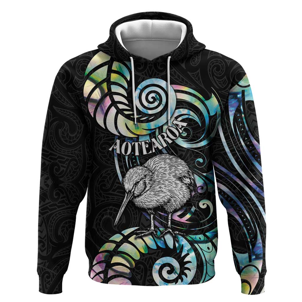 New Zealand Kiwi Bird Hoodie Silver Fern Koru Paua Shell DT04 Pullover Hoodie Black - Polynesian Pride