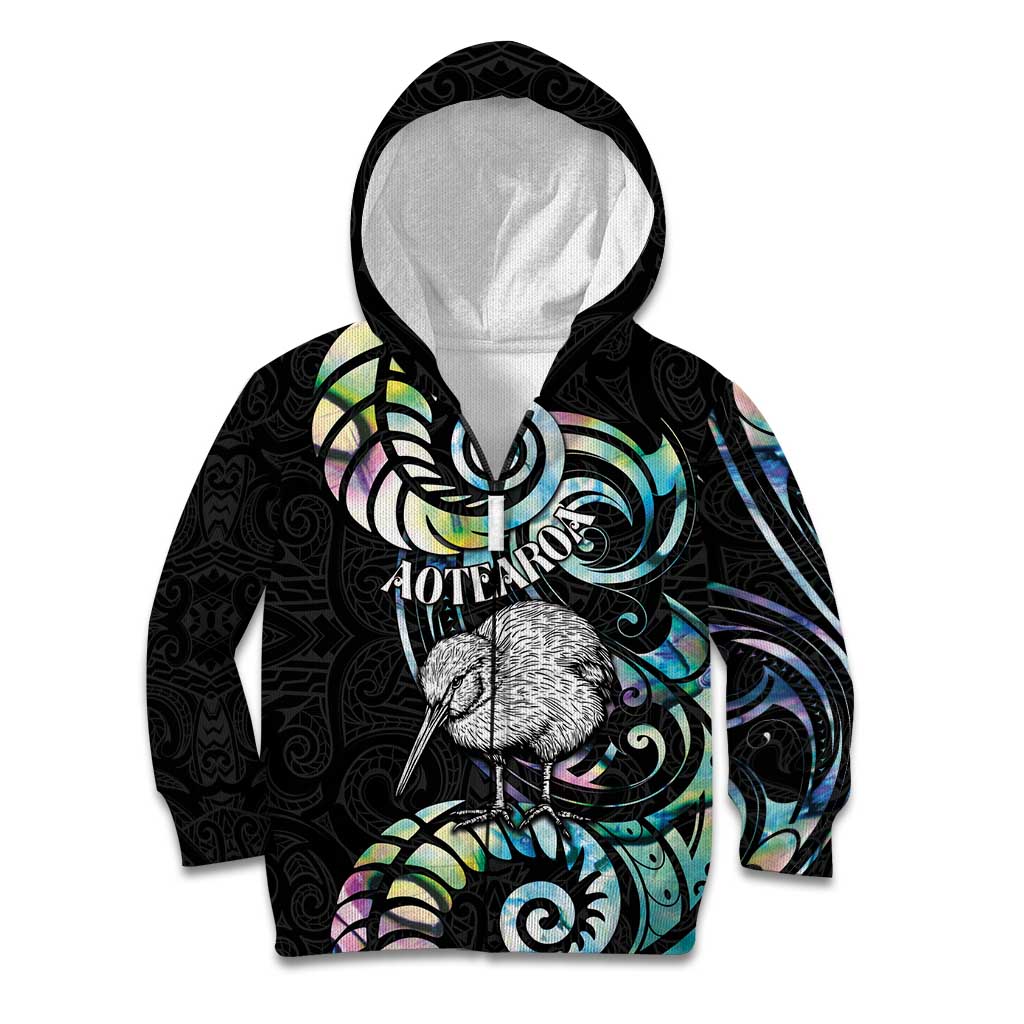 New Zealand Kiwi Bird Kid Hoodie Silver Fern Koru Paua Shell DT04 Zip Hoodie Black - Polynesian Pride