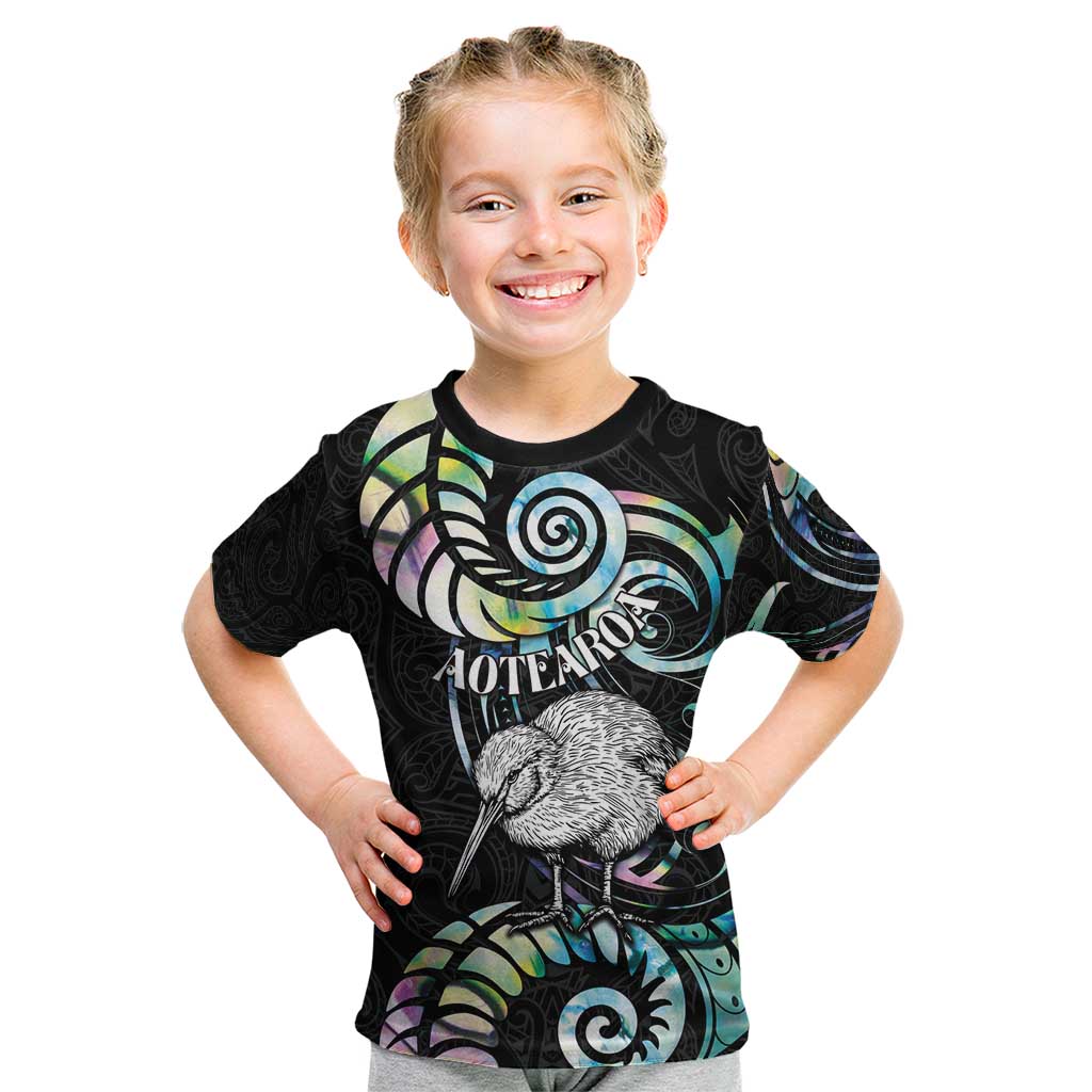 New Zealand Kiwi Bird Kid T Shirt Silver Fern Koru Paua Shell DT04 Black - Polynesian Pride