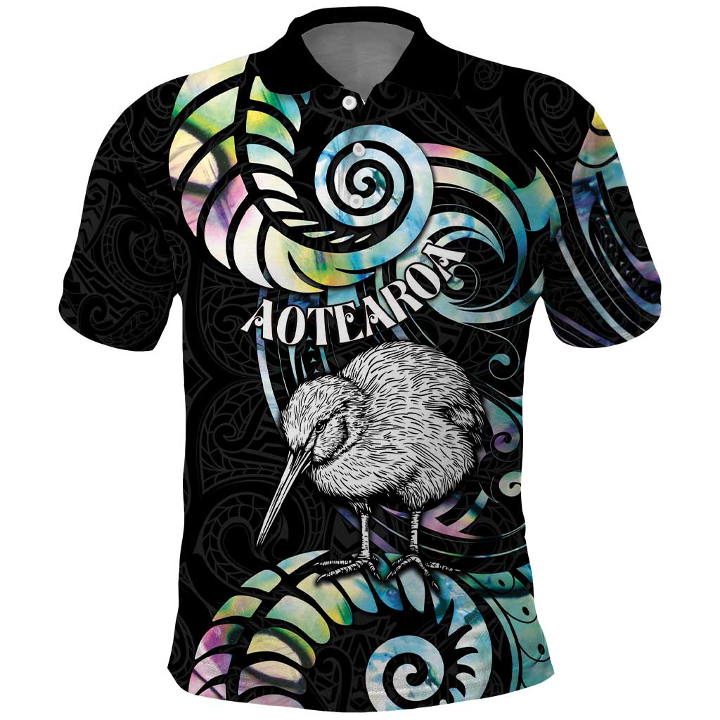 New Zealand Kiwi Bird Polo Shirt Silver Fern Koru Paua Shell DT04 Black - Polynesian Pride