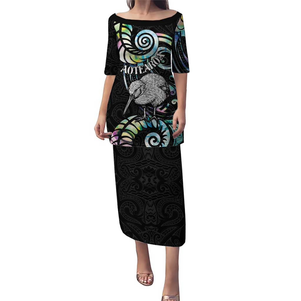 New Zealand Kiwi Bird Puletasi Silver Fern Koru Paua Shell DT04 Long Dress Black - Polynesian Pride