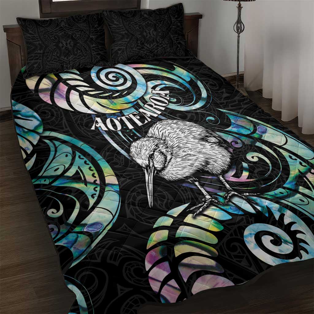 New Zealand Kiwi Bird Quilt Bed Set Silver Fern Koru Paua Shell DT04 Black - Polynesian Pride