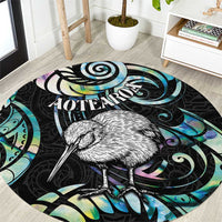 New Zealand Kiwi Bird Round Carpet Silver Fern Koru Paua Shell DT04 Black - Polynesian Pride