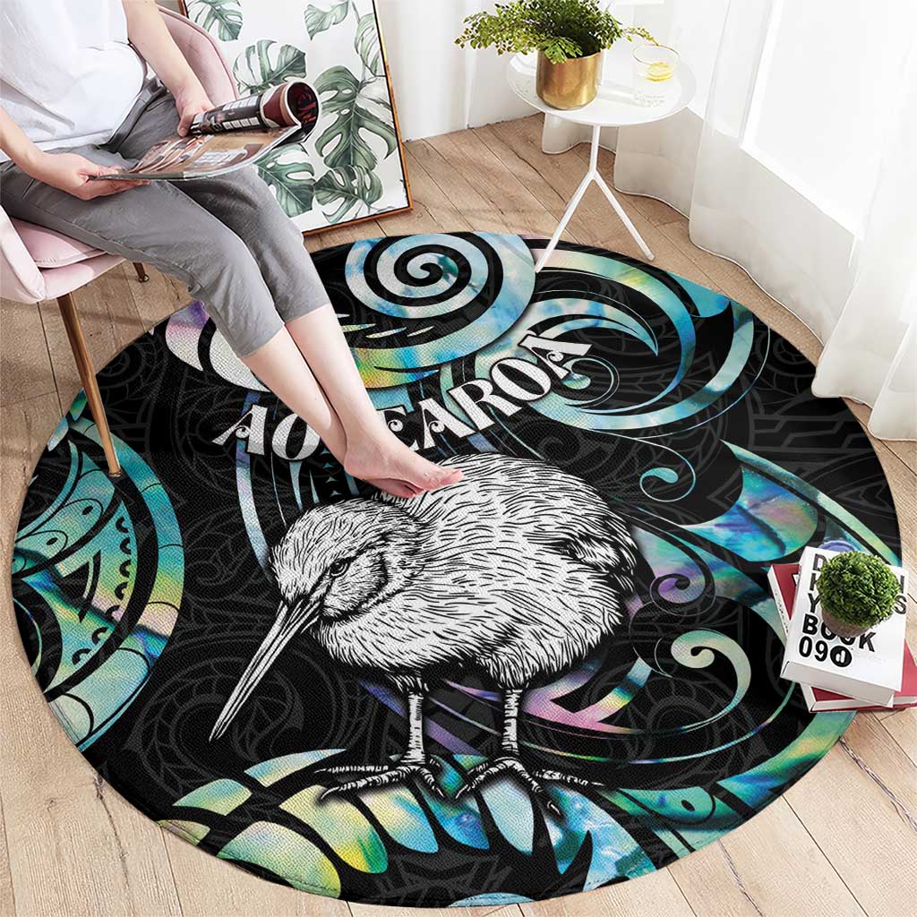 New Zealand Kiwi Bird Round Carpet Silver Fern Koru Paua Shell DT04 - Polynesian Pride