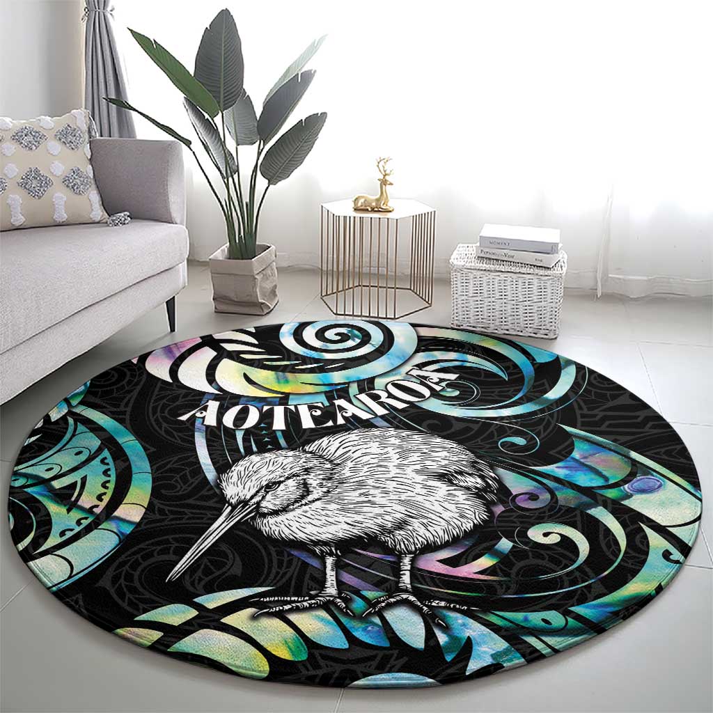 New Zealand Kiwi Bird Round Carpet Silver Fern Koru Paua Shell DT04 - Polynesian Pride