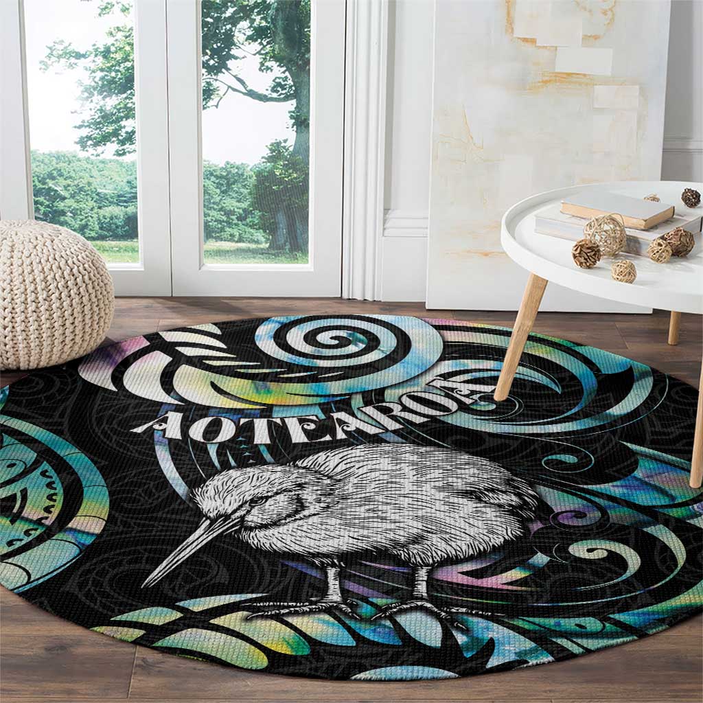 New Zealand Kiwi Bird Round Carpet Silver Fern Koru Paua Shell DT04 - Polynesian Pride