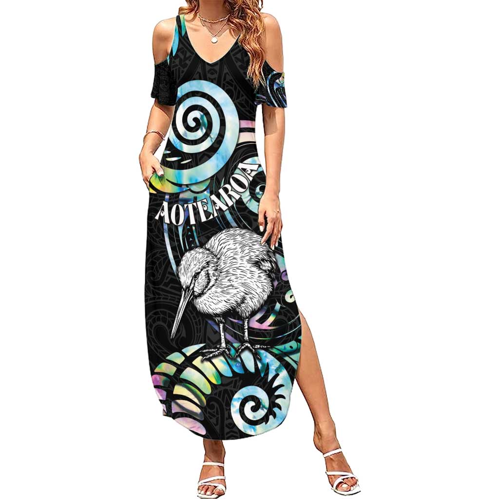New Zealand Kiwi Bird Summer Maxi Dress Silver Fern Koru Paua Shell DT04 Women Black - Polynesian Pride