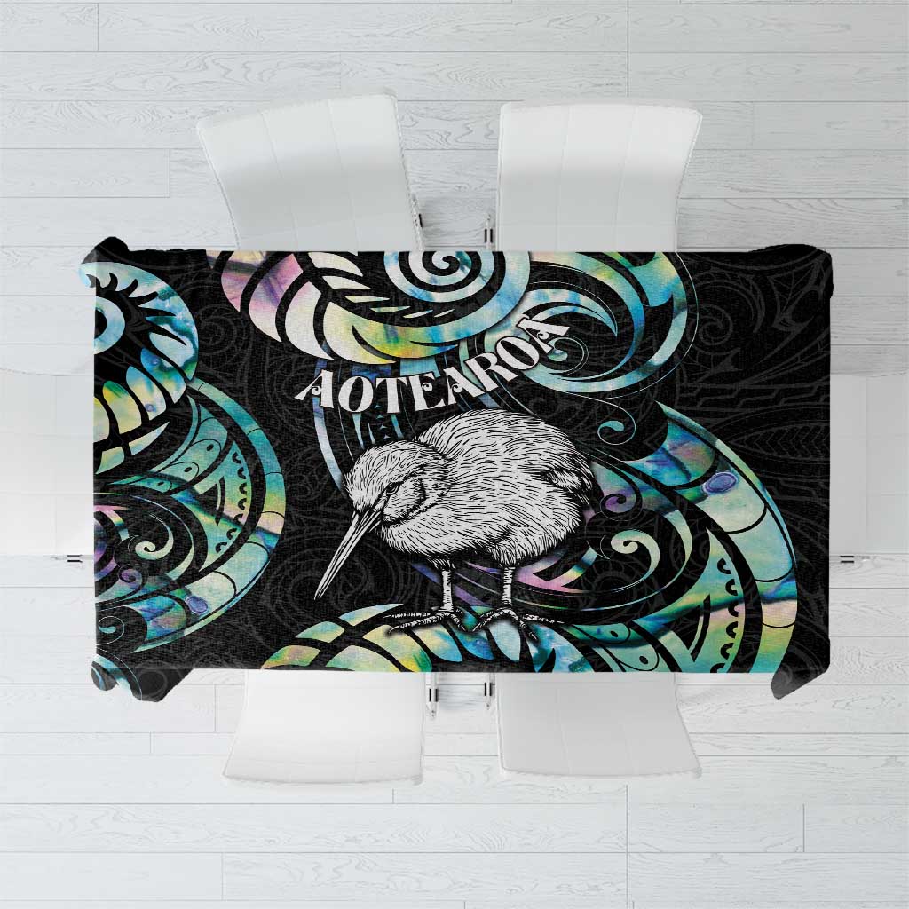 New Zealand Kiwi Bird Tablecloth Silver Fern Koru Paua Shell DT04 Black - Polynesian Pride