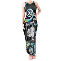 New Zealand Kiwi Bird Tank Maxi Dress Silver Fern Koru Paua Shell DT04 Women Black - Polynesian Pride
