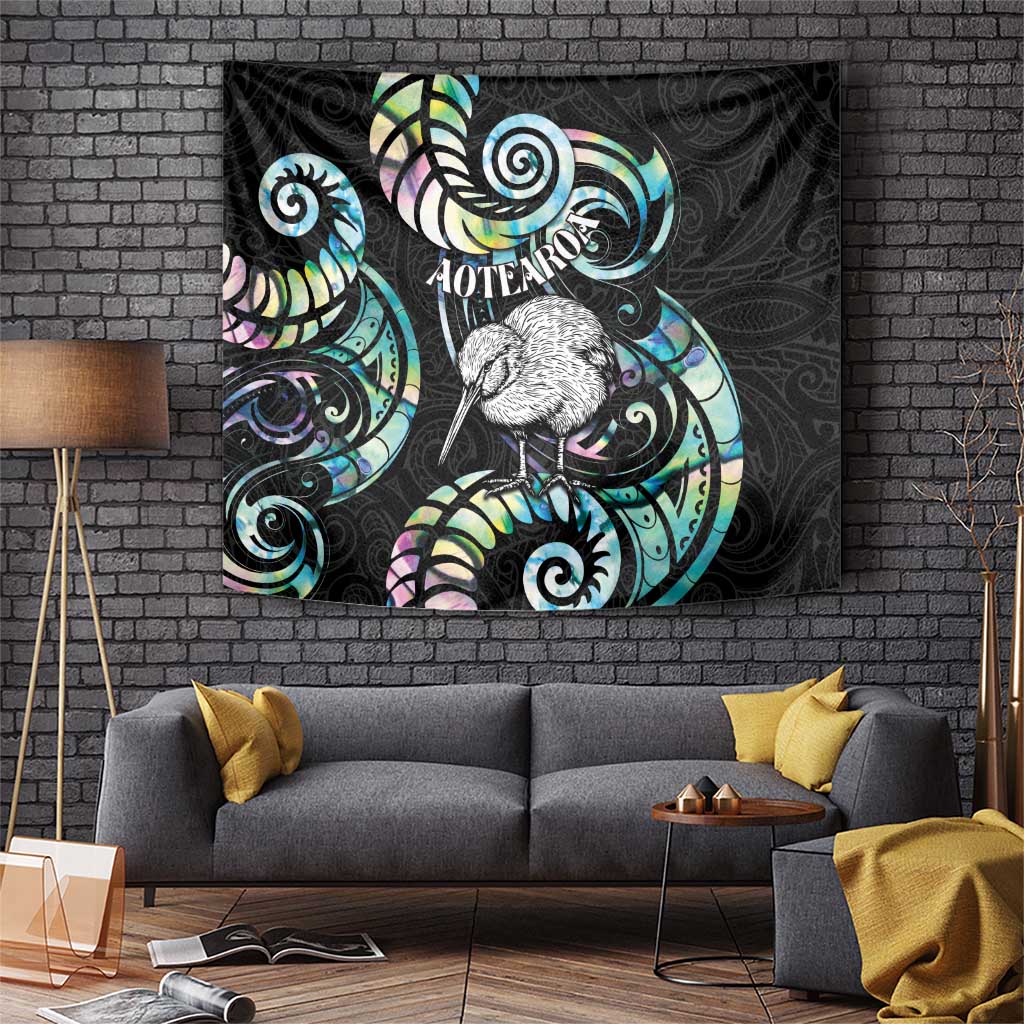New Zealand Kiwi Bird Tapestry Silver Fern Koru Paua Shell DT04 Black - Polynesian Pride