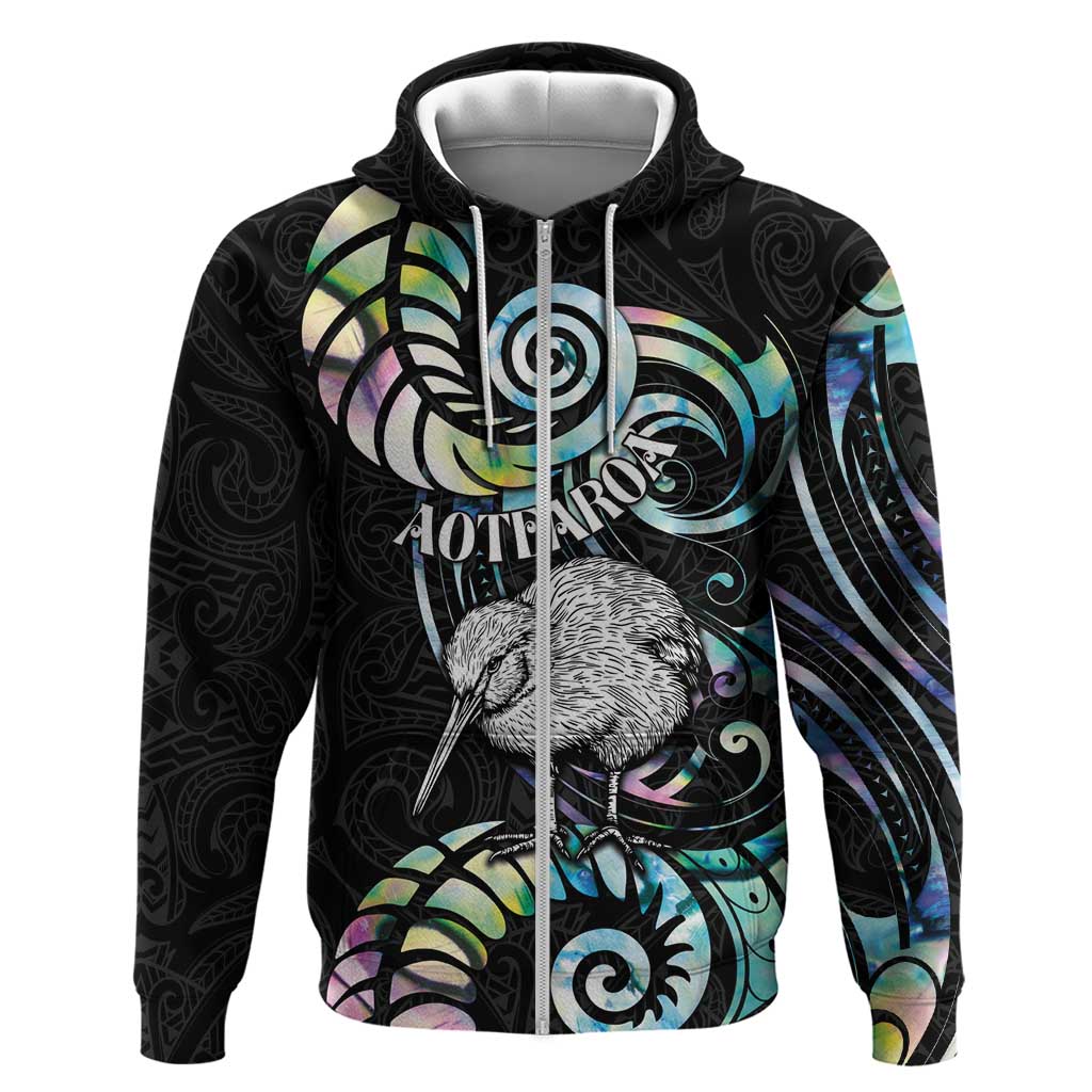 New Zealand Kiwi Bird Zip Hoodie Silver Fern Koru Paua Shell DT04 Zip Hoodie Black - Polynesian Pride