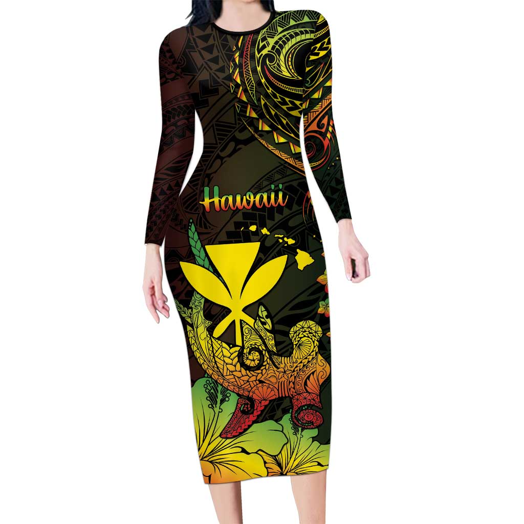 Personalised Hawaii Long Sleeve Bodycon Dress Kanaka Maoli With Hammerhead Shark DT04 Long Dress Black - Polynesian Pride