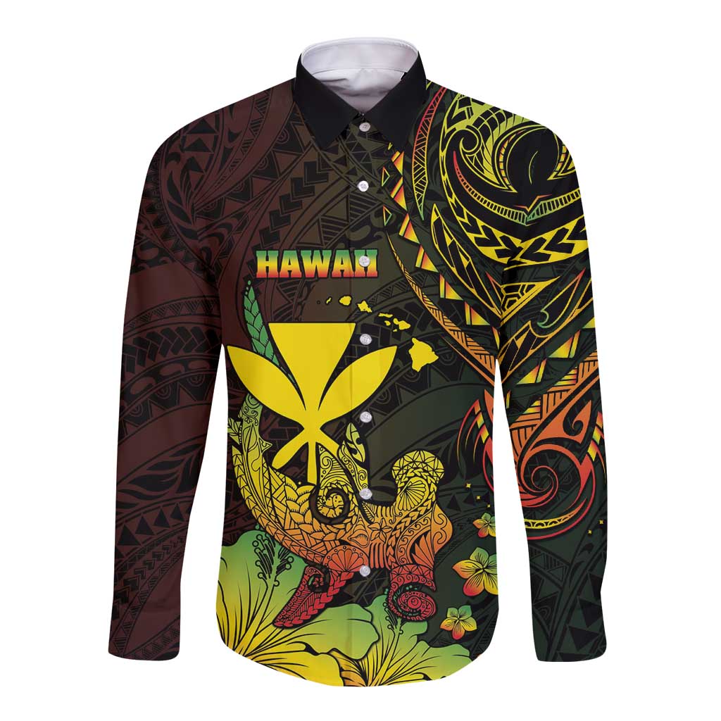 Personalised Hawaii Long Sleeve Button Shirt Kanaka Maoli With Hammerhead Shark DT04 Unisex Black - Polynesian Pride