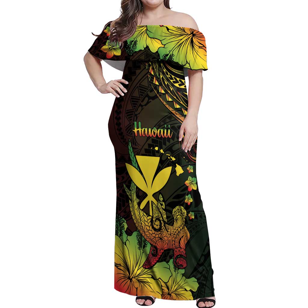 Personalised Hawaii Off Shoulder Maxi Dress Kanaka Maoli With Hammerhead Shark DT04 Women Black - Polynesian Pride