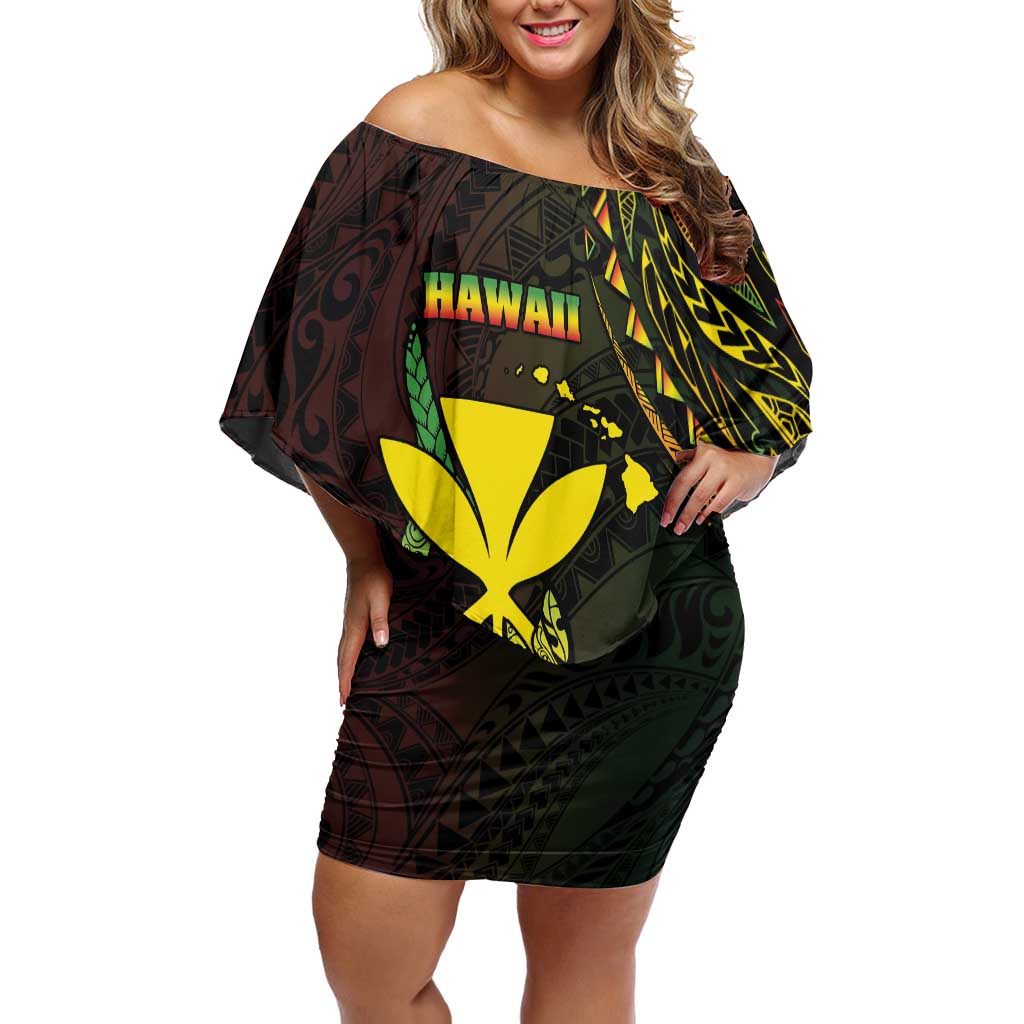 Personalised Hawaii Off Shoulder Short Dress Kanaka Maoli With Hammerhead Shark DT04 Women Black - Polynesian Pride