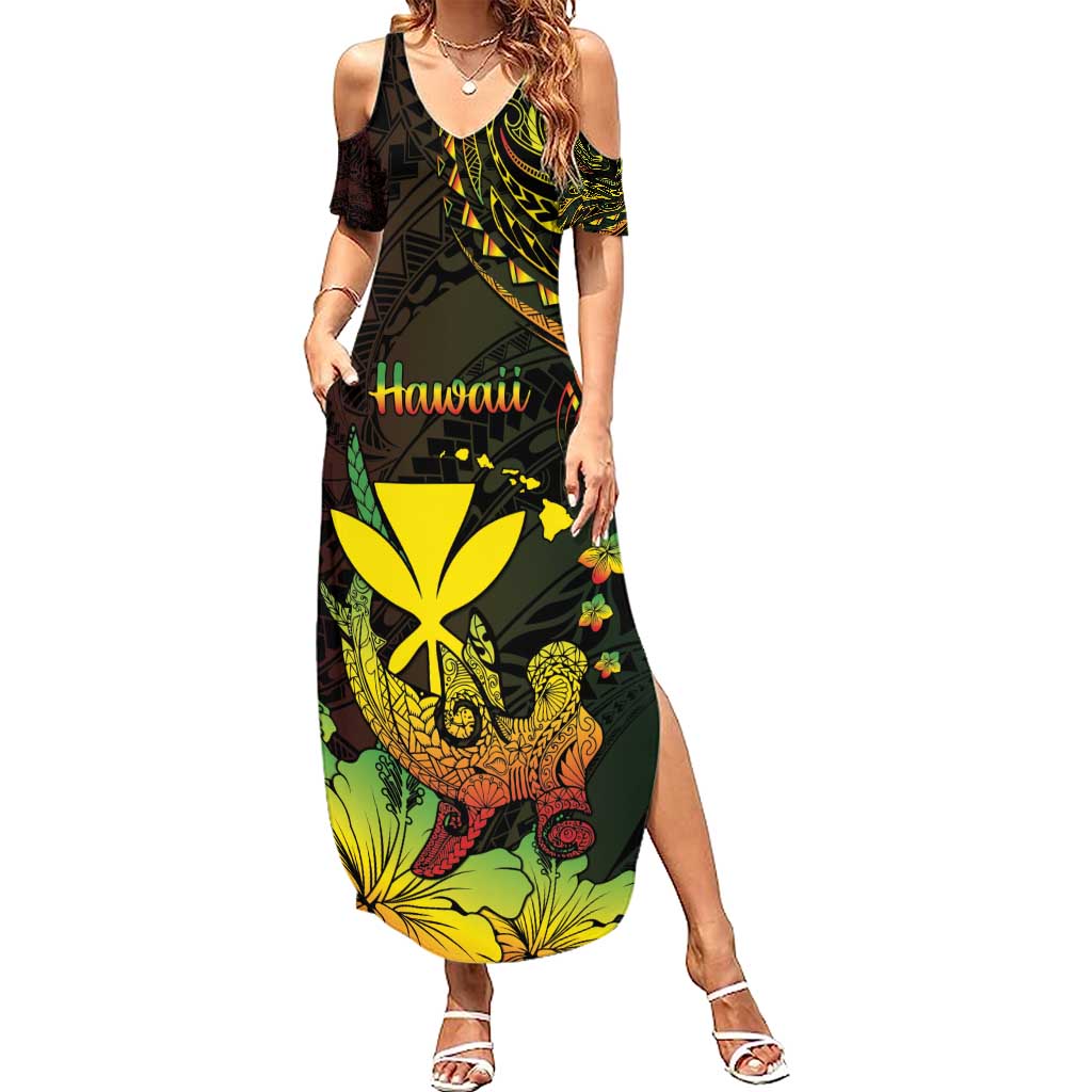 Personalised Hawaii Summer Maxi Dress Kanaka Maoli With Hammerhead Shark DT04 Women Black - Polynesian Pride