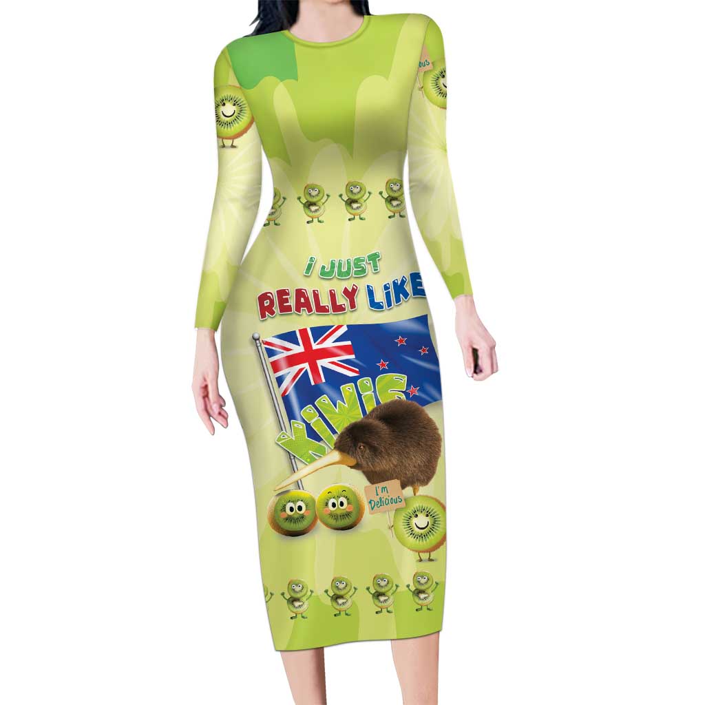 New Zealand Kiwi Long Sleeve Bodycon Dress I Just Really Like Kiwis DT04 Long Dress Green - Polynesian Pride