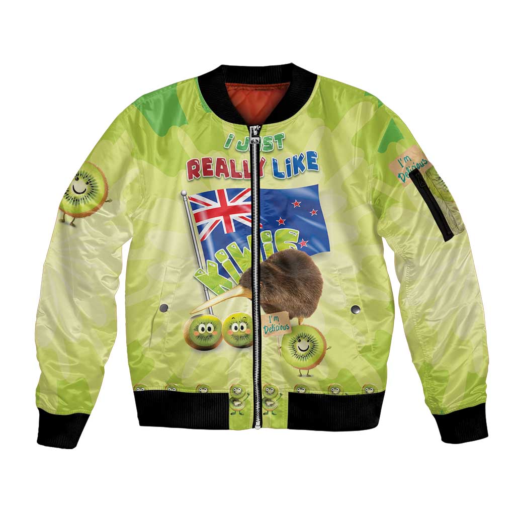New Zealand Kiwi Sleeve Zip Bomber Jacket I Just Really Like Kiwis DT04 Unisex Green - Polynesian Pride