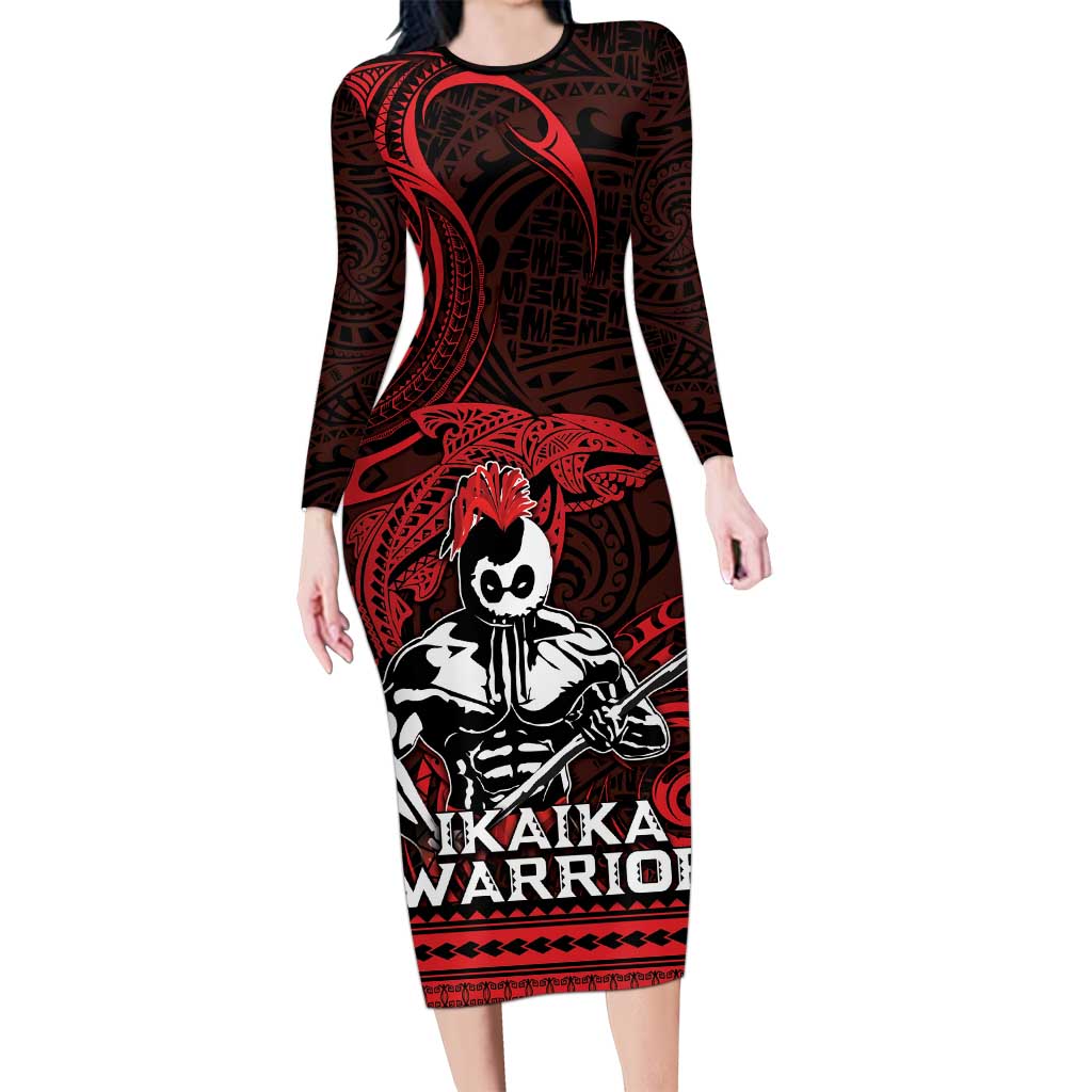 Hawaii Ikaika Warrior Long Sleeve Bodycon Dress Hawaiian Tribal Tattoo DT04 Long Dress Red - Polynesian Pride