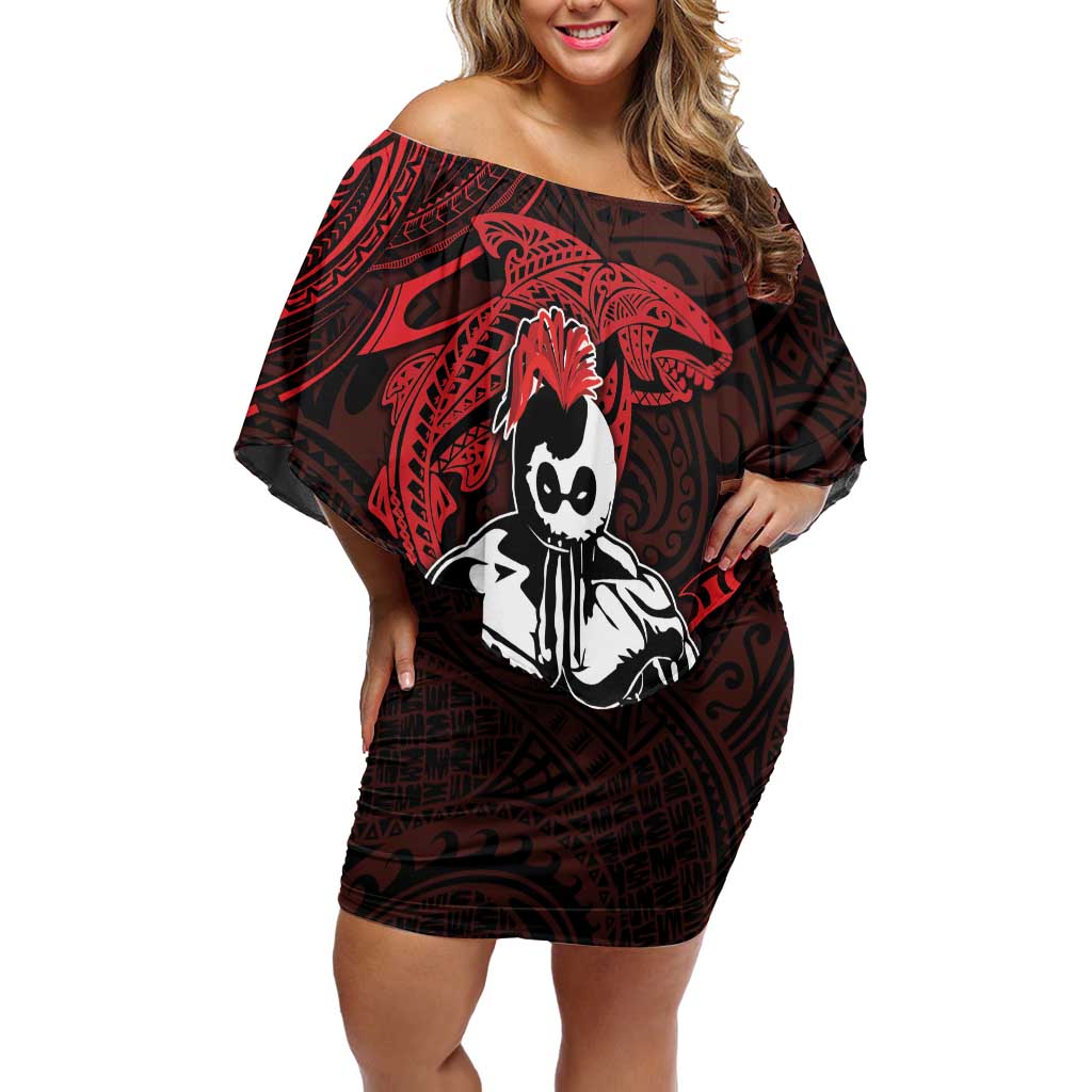 Hawaii Ikaika Warrior Off Shoulder Short Dress Hawaiian Tribal Tattoo DT04 Women Red - Polynesian Pride