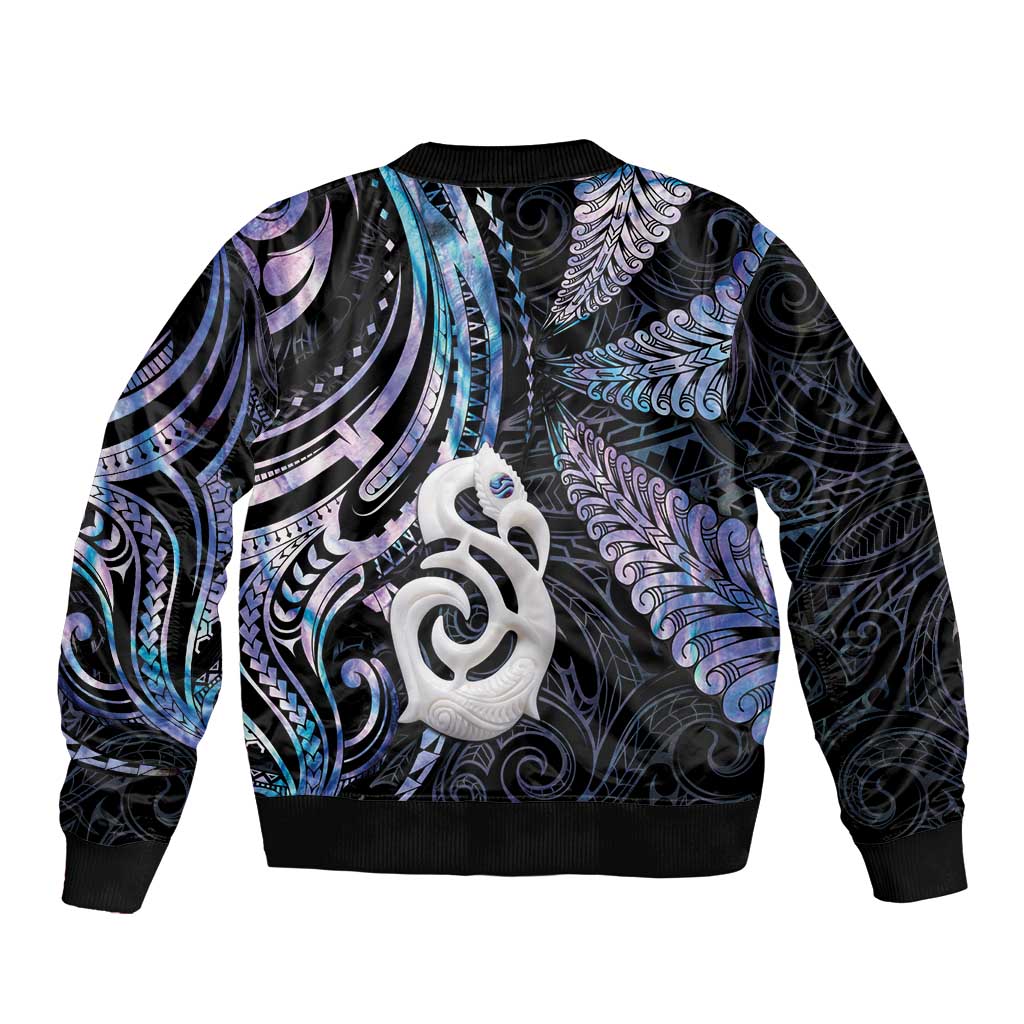 New Zealand Aotearoa Bomber Jacket Maori Hei Manaia Purple Paua Shell DT04 - Polynesian Pride