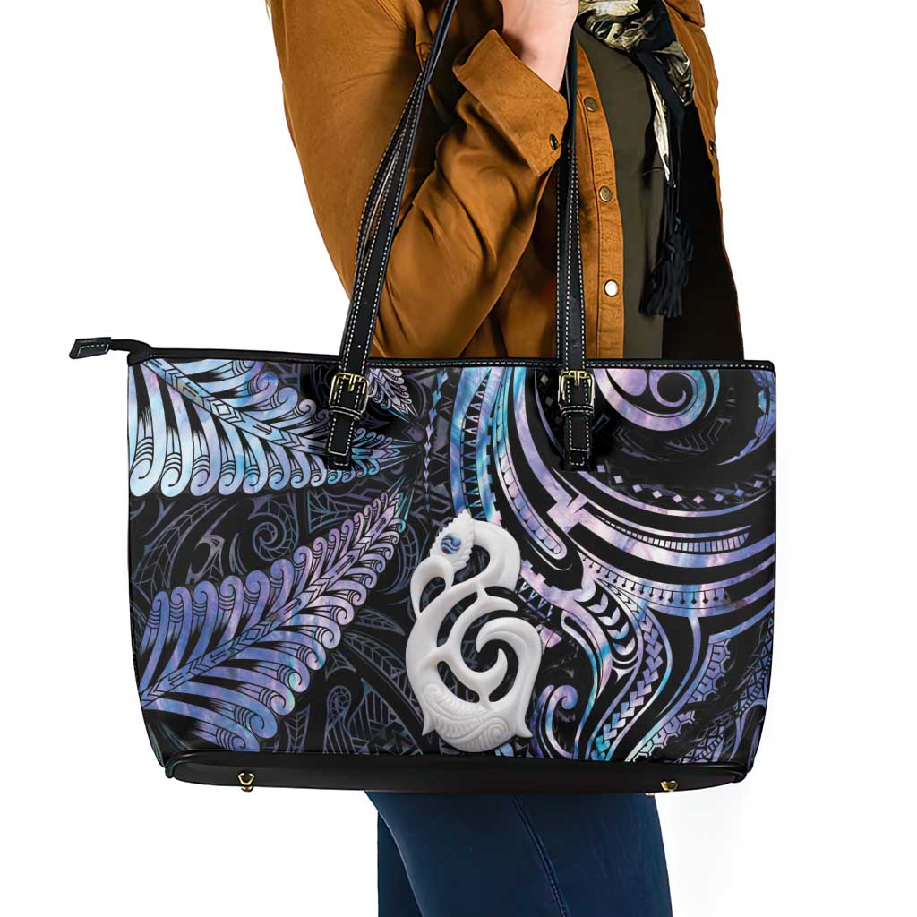 New Zealand Aotearoa Leather Tote Bag Maori Hei Manaia Purple Paua Shell DT04 - Polynesian Pride