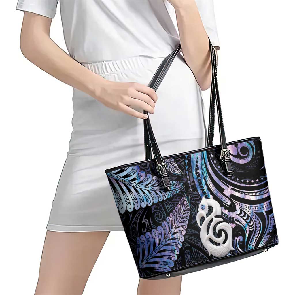 New Zealand Aotearoa Leather Tote Bag Maori Hei Manaia Purple Paua Shell DT04 - Polynesian Pride