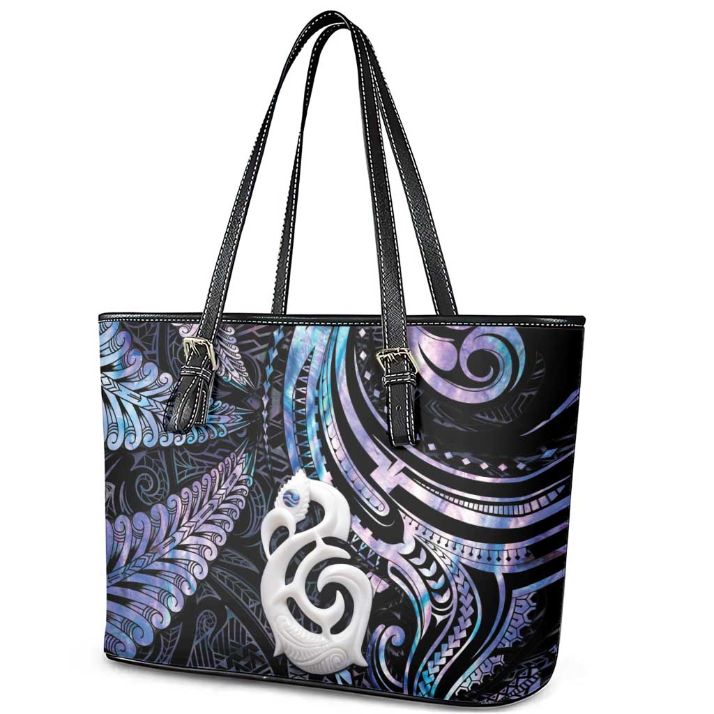 New Zealand Aotearoa Leather Tote Bag Maori Hei Manaia Purple Paua Shell DT04 - Polynesian Pride