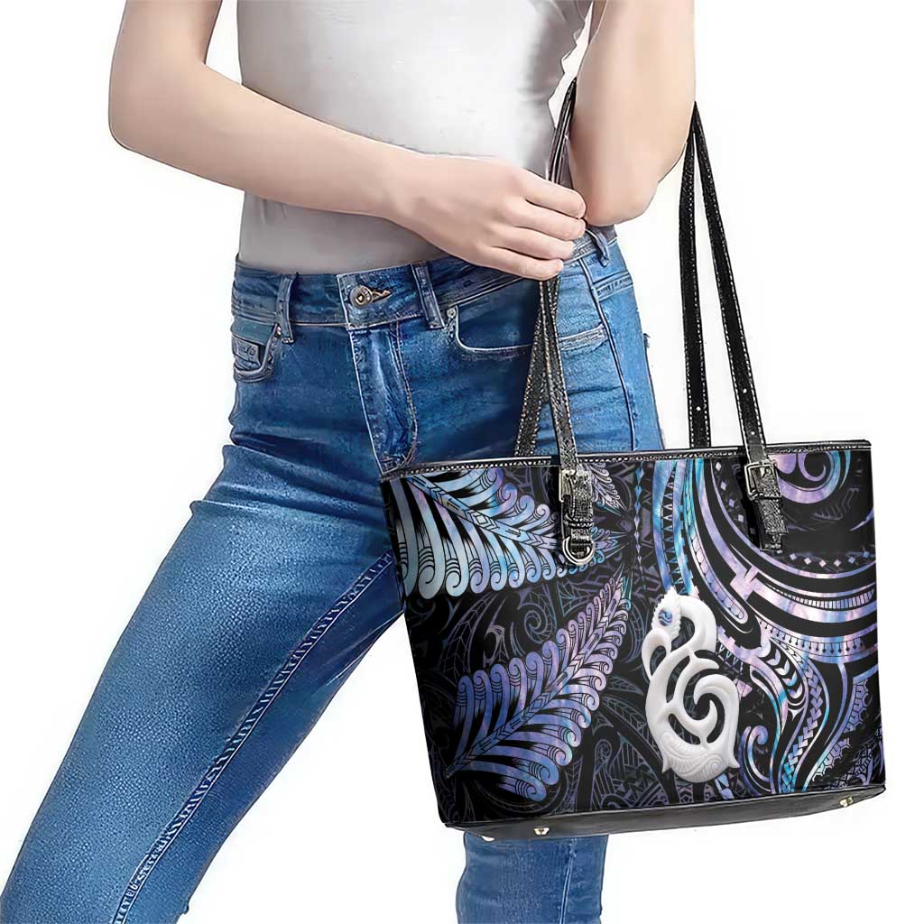 New Zealand Aotearoa Leather Tote Bag Maori Hei Manaia Purple Paua Shell DT04 - Polynesian Pride