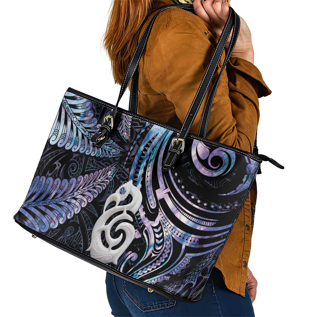 New Zealand Aotearoa Leather Tote Bag Maori Hei Manaia Purple Paua Shell DT04 - Polynesian Pride