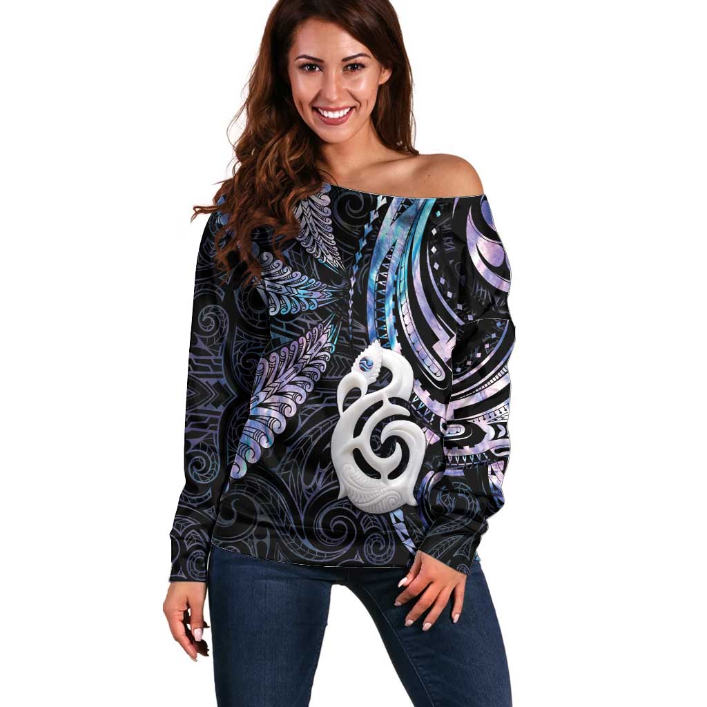 New Zealand Aotearoa Off Shoulder Sweater Maori Hei Manaia Purple Paua Shell