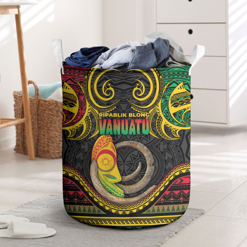 Vanuatu Language Week Laundry Basket Boar Tusk Warrior Tribal Floral Pattern DT05 Black - Polynesian Pride