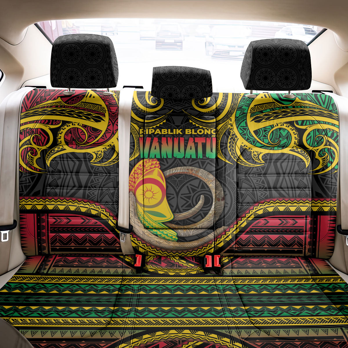 Vanuatu Language Week Back Car Seat Cover Boar Tusk Warrior Tribal Floral Pattern DT05 - Polynesian Pride