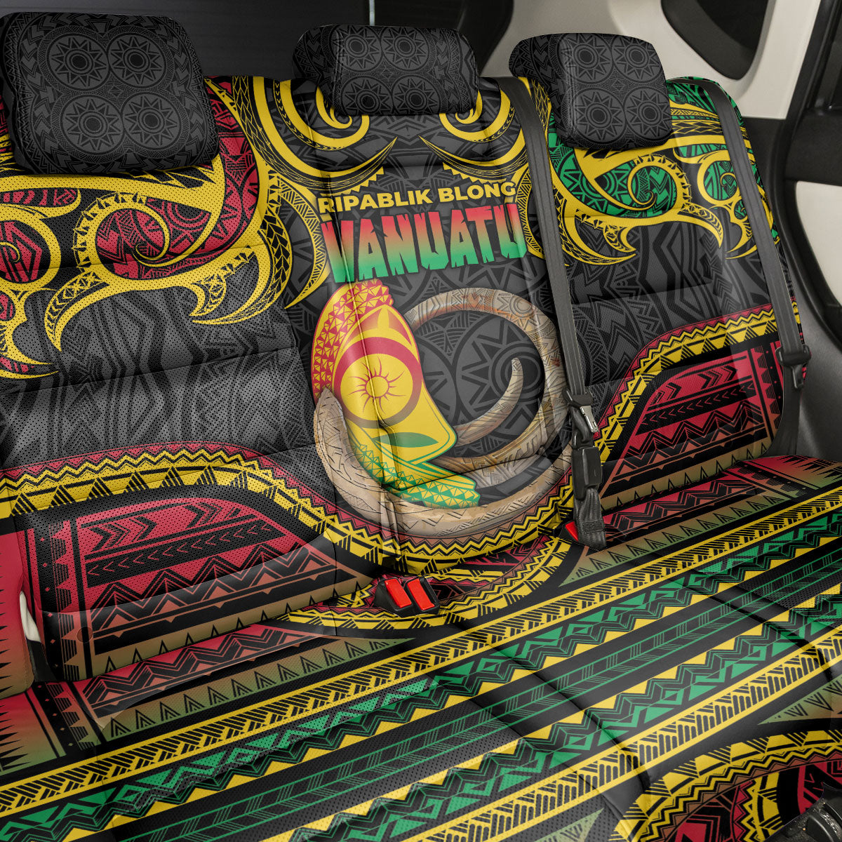 Vanuatu Language Week Back Car Seat Cover Boar Tusk Warrior Tribal Floral Pattern DT05 - Polynesian Pride