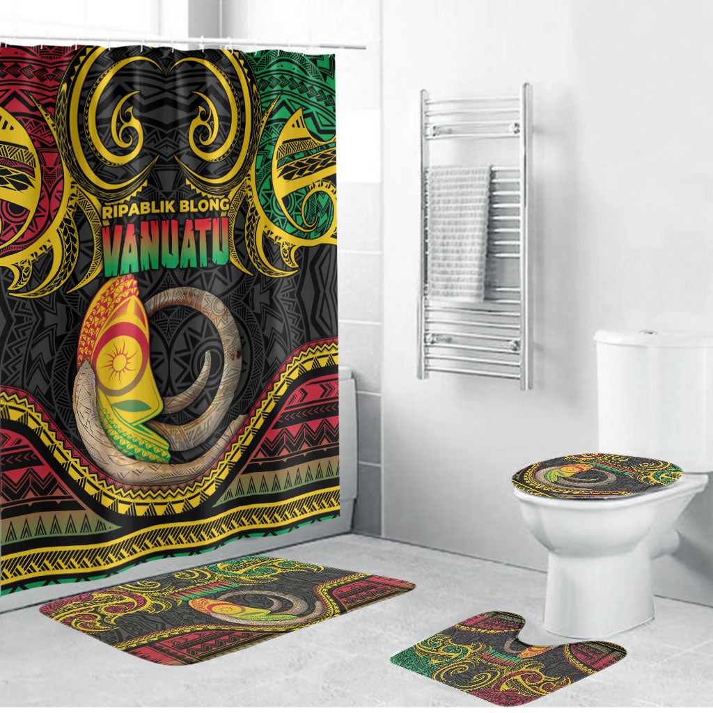 Vanuatu Language Week Bathroom Set Boar Tusk Warrior Tribal Floral Pattern DT05 Bathroom Set (4 pcs) Black - Polynesian Pride