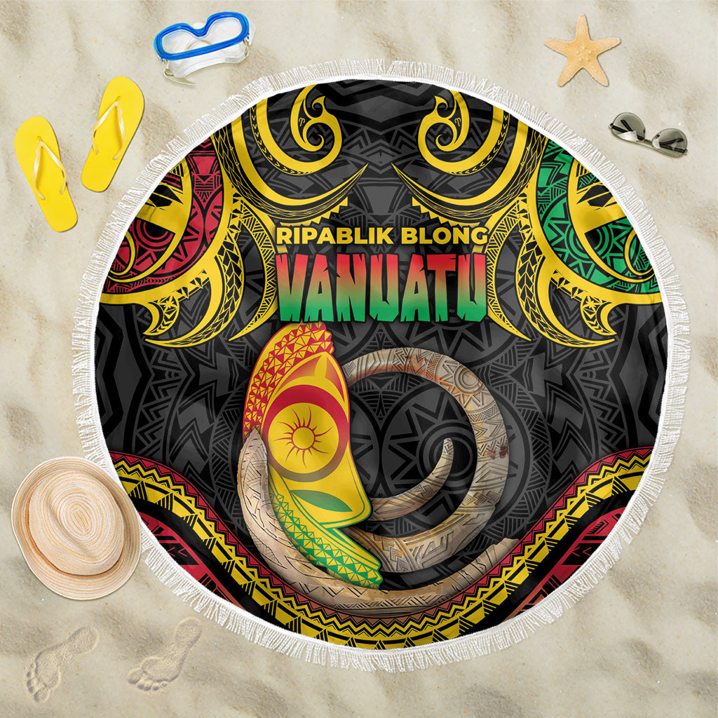 Vanuatu Language Week Beach Blanket Boar Tusk Warrior Tribal Floral Pattern DT05 One Size 150cm Black - Polynesian Pride