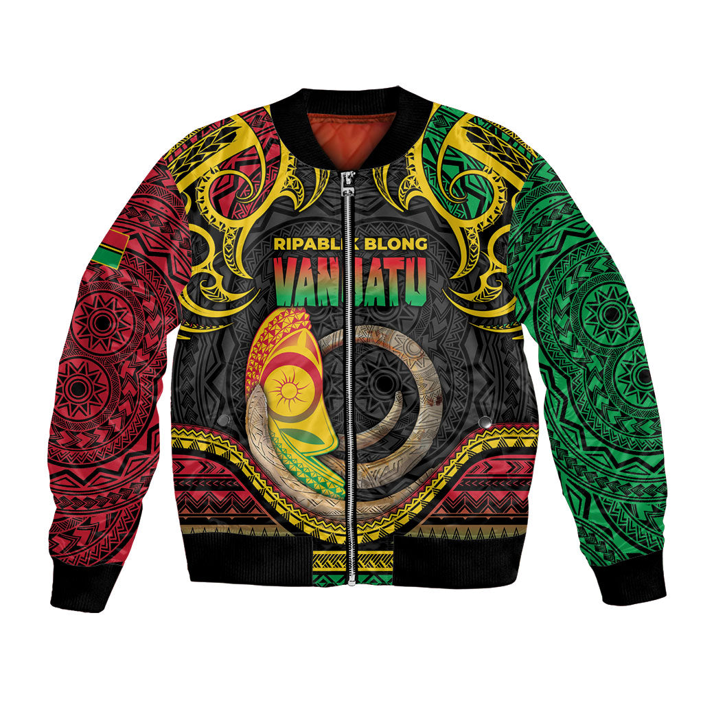 Vanuatu Language Week Bomber Jacket Boar Tusk Warrior Tribal Floral Pattern DT05 Unisex Black - Polynesian Pride