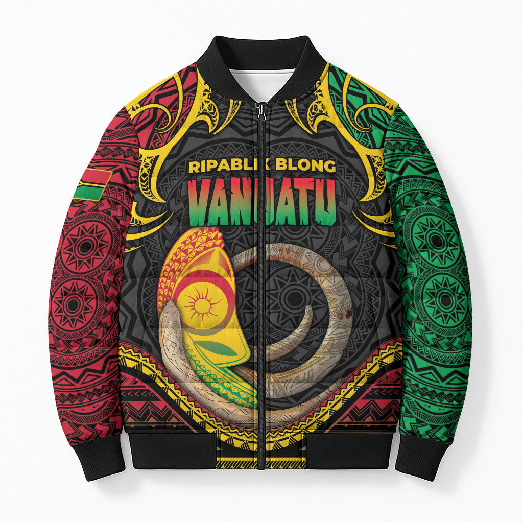 Vanuatu Language Week Bomber Puffer Jacket Boar Tusk Warrior Tribal Floral Pattern DT05 Unisex Black - Polynesian Pride
