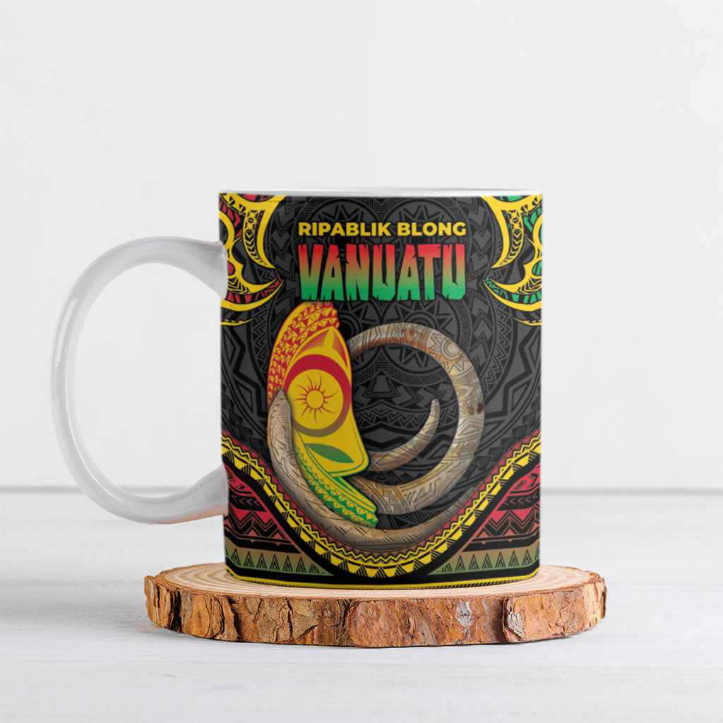 Vanuatu Language Week Ceramic Mug Boar Tusk Warrior Tribal Floral Pattern DT05 Black - Polynesian Pride