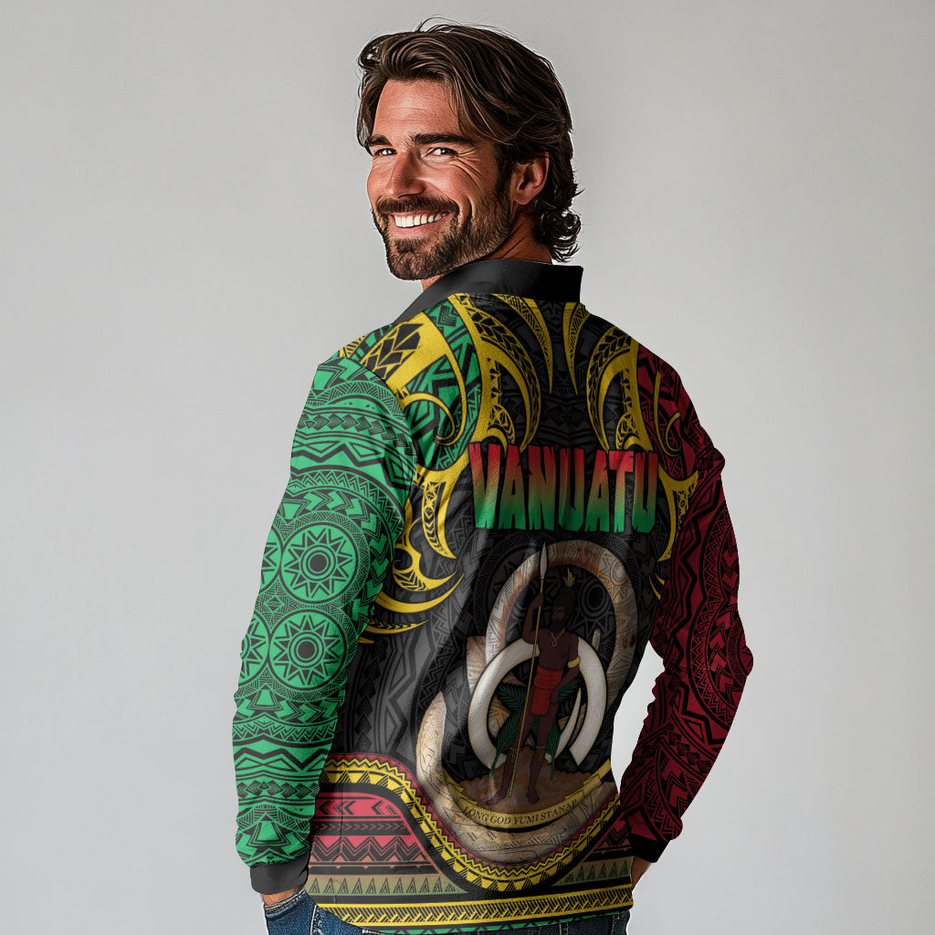 Vanuatu Language Week Long Sleeve Polo Shirt Boar Tusk Warrior Tribal Floral Pattern DT05 - Polynesian Pride