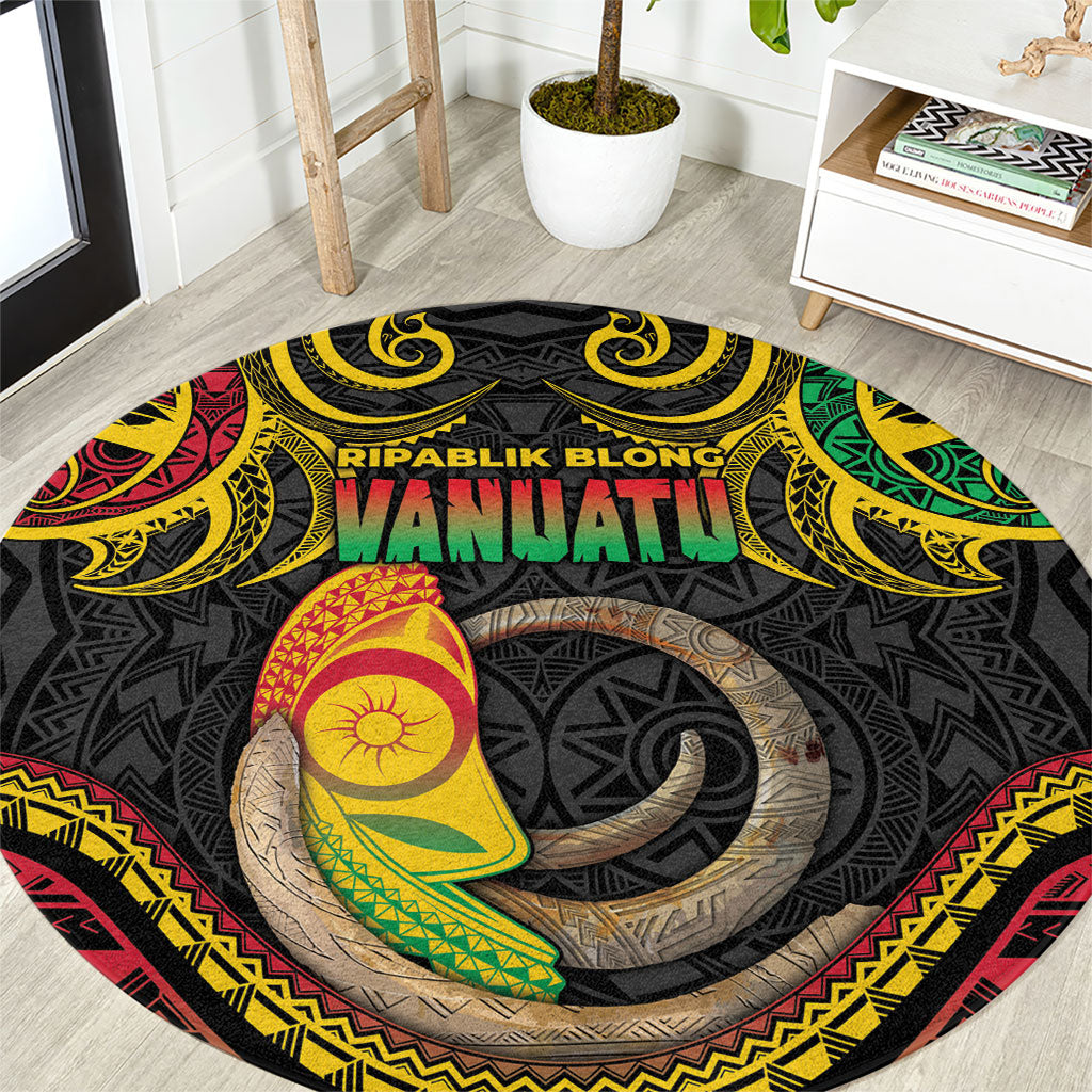 Vanuatu Language Week Round Carpet Boar Tusk Warrior Tribal Floral Pattern DT05 Black - Polynesian Pride