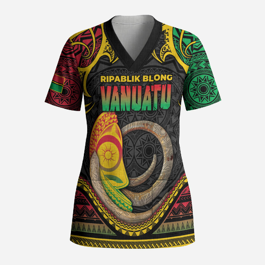 Vanuatu Language Week Scrub Top Boar Tusk Warrior Tribal Floral Pattern DT05 Adult Black - Polynesian Pride