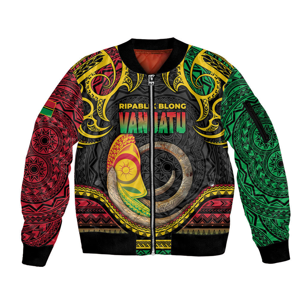 Vanuatu Language Week Sleeve Zip Bomber Jacket Boar Tusk Warrior Tribal Floral Pattern DT05 Unisex Black - Polynesian Pride