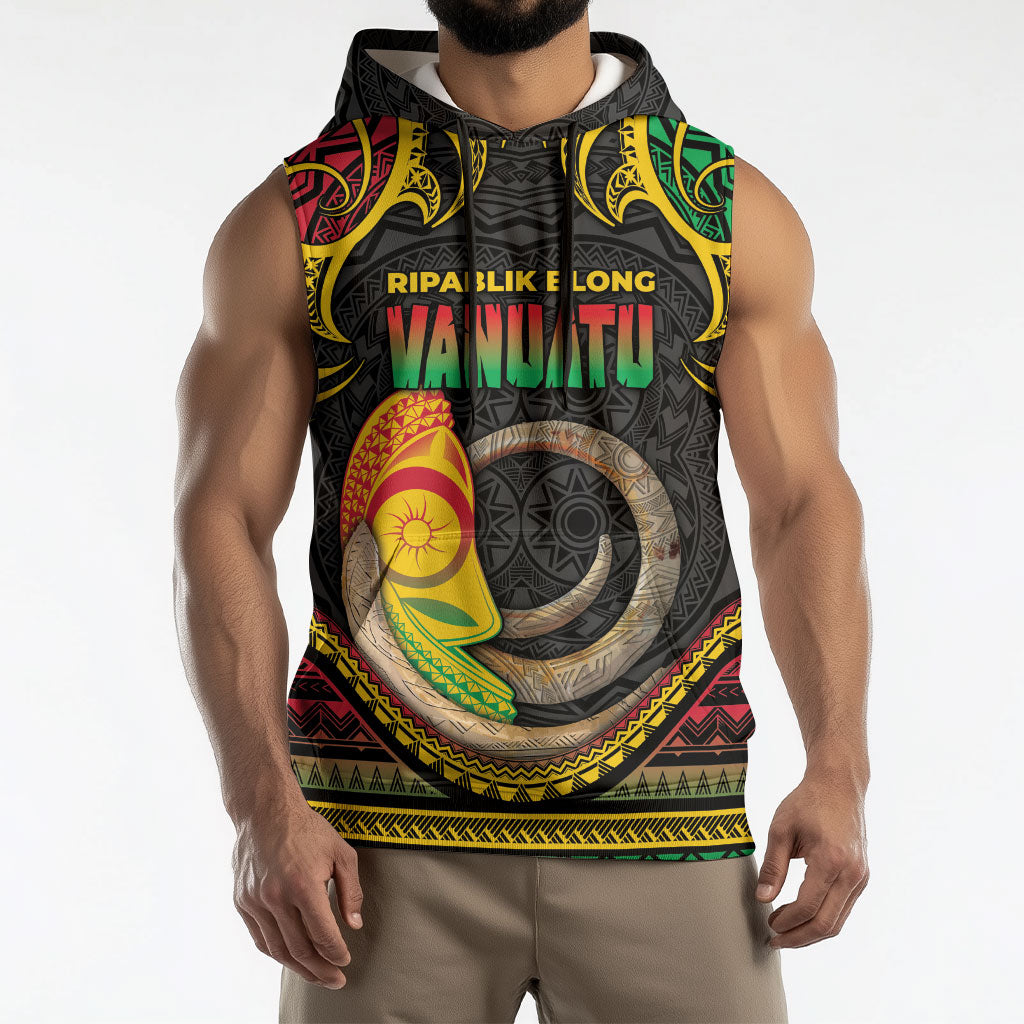 Vanuatu Language Week Sleeveless Hoodie Boar Tusk Warrior Tribal Floral Pattern DT05 - Polynesian Pride