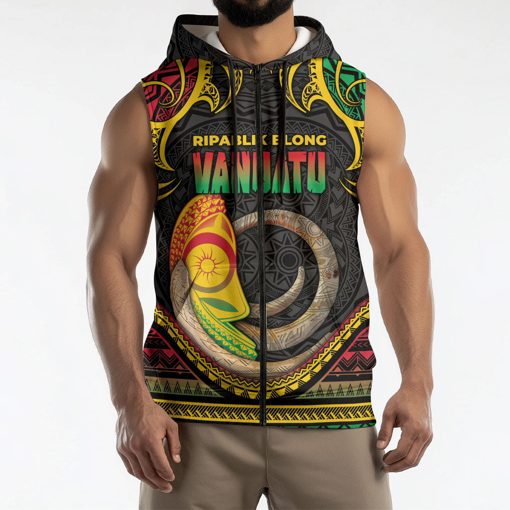 Vanuatu Language Week Sleeveless Zip Hoodie Boar Tusk Warrior Tribal Floral Pattern DT05 - Polynesian Pride
