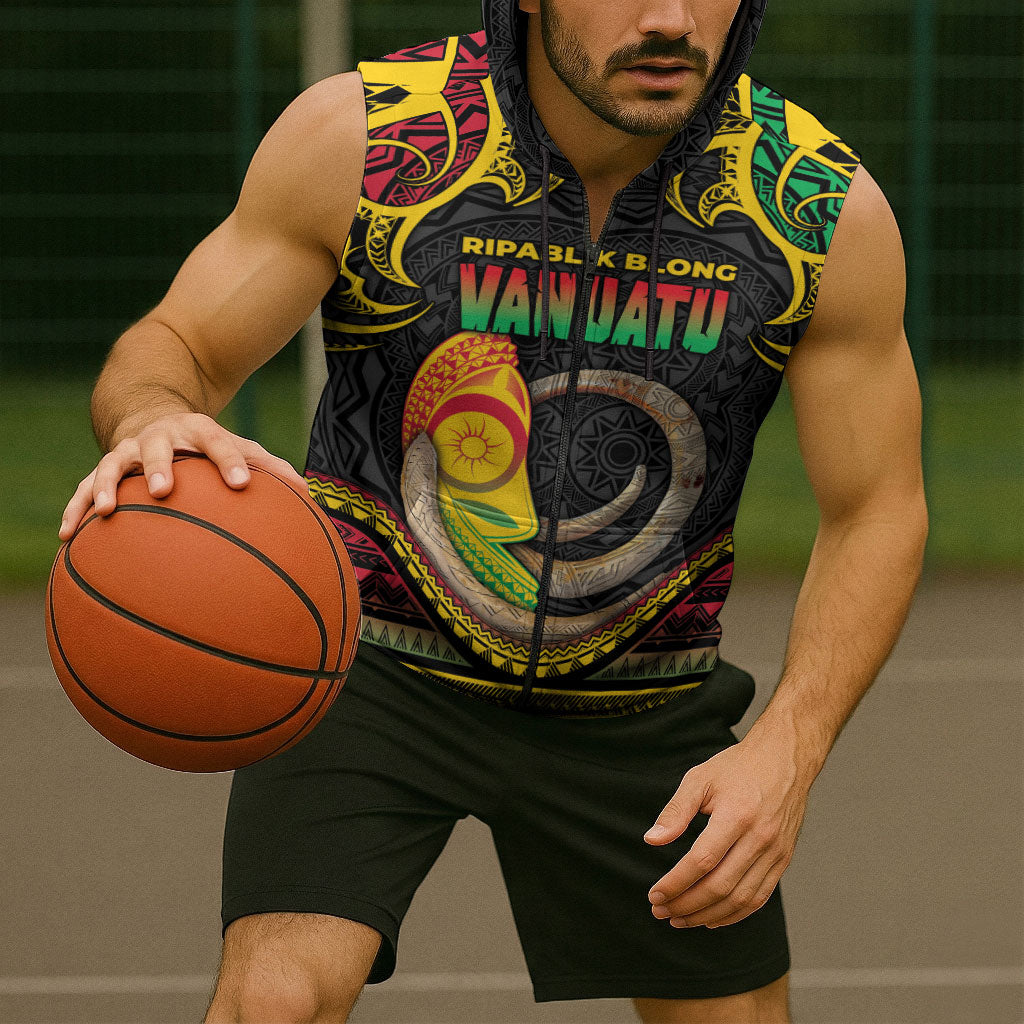 Vanuatu Language Week Sleeveless Zip Hoodie Boar Tusk Warrior Tribal Floral Pattern DT05 - Polynesian Pride