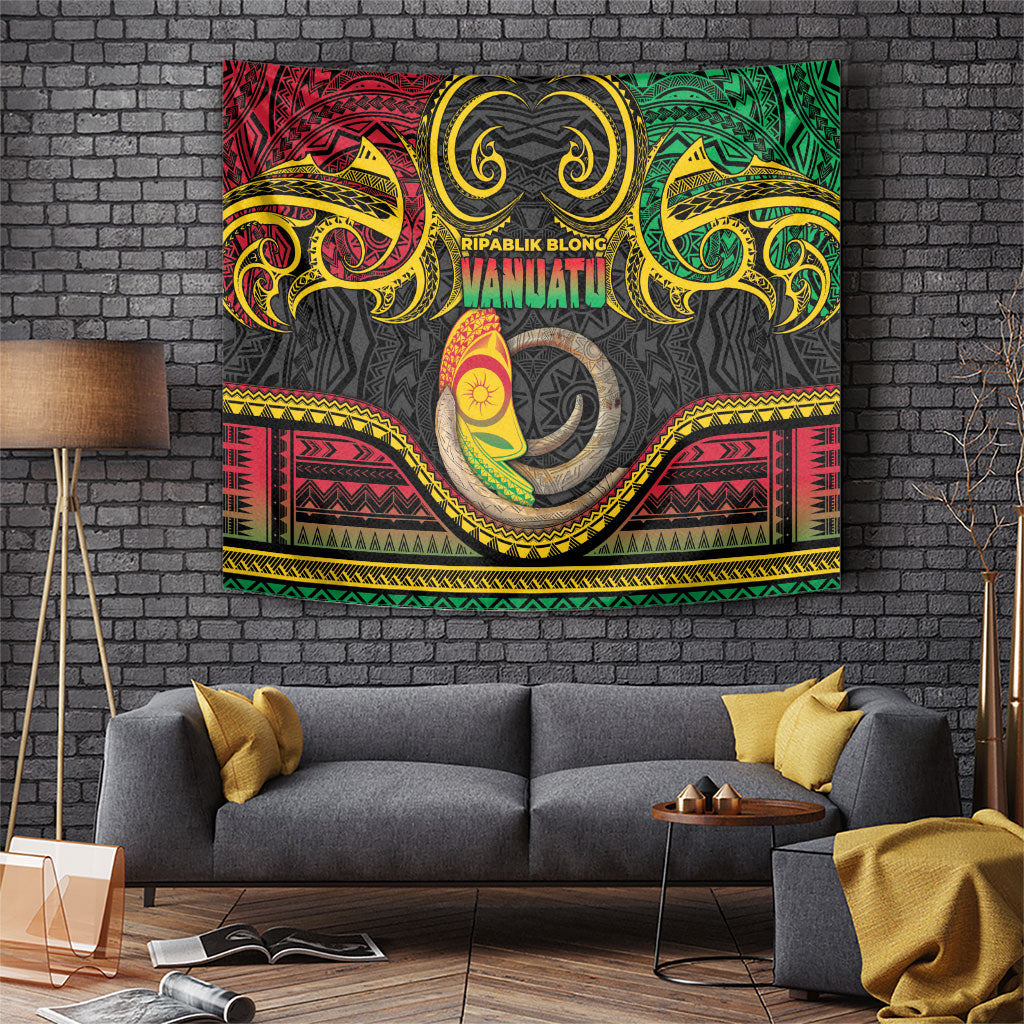 Vanuatu Language Week Tapestry Boar Tusk Warrior Tribal Floral Pattern DT05 Black - Polynesian Pride