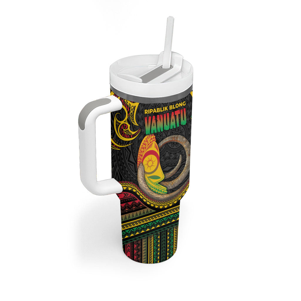 Vanuatu Language Week Tumbler With Handle Boar Tusk Warrior Tribal Floral Pattern DT05 - Polynesian Pride